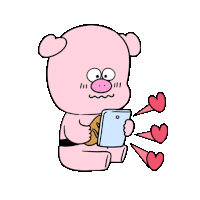 a cartoon pig is sitting down looking at a cell phone surrounded by hearts .