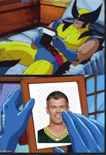 a cartoon of wolverine reading a book and holding a picture of a man