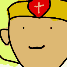 a cartoon character with a red heart and a cross on it