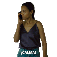 a sticker of a woman talking on a cell phone with the word calma on the bottom