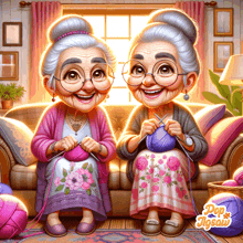 two elderly women sit on a couch knitting and smiling for a pop jigsaw game