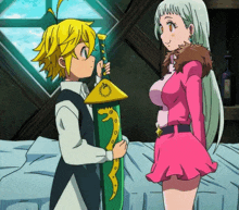 a girl in a pink skirt is standing next to a boy holding a large sword