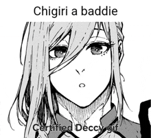 a black and white drawing of a girl with the words chigiri a baddie certified deccy gif below it