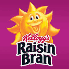 a kellogg 's raisin bran logo with a smiling sun on a pink background