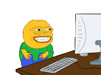 a cartoon character is sitting at a desk with a computer monitor