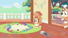 a cartoon dog is standing in front of a clock and holding a laundry basket