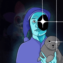 a cartoon of a man holding a seal with a star on his eye