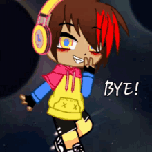 a cartoon character wearing headphones and a hoodie that says bye