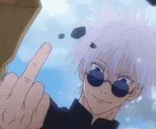 a cartoon character with white hair and sunglasses giving the middle finger