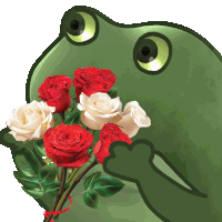 a green frog holds a bouquet of red and white roses