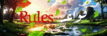 a painting of a lake with the word rules in red