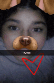 a girl wearing a dog face filter with the year 2018