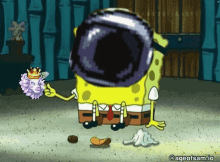 a cartoon of spongebob holding a purple flower with ageofsam.io in the corner