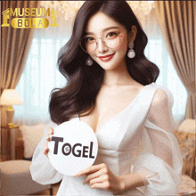 a woman in a white dress holds a sign that says ' togel '