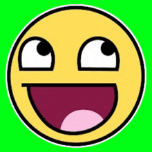 a yellow smiley face with a big smile on it is on a green background .