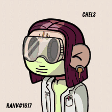 a cartoon character wearing a mask and goggles has the name chels on the bottom