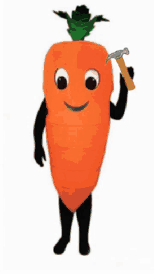 a carrot mascot is holding a hammer in its hand