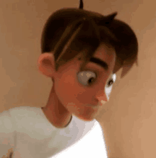 a close up of a cartoon character 's face with big eyes and brown hair .