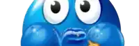 a blue cartoon character with big eyes and bubbles on his face