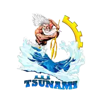 a cartoon drawing of a man holding a trident and the words tsunami on the bottom