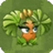 a cartoon character with a bunch of leaves on his head is sitting in a green circle .