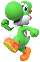 a green and white cartoon character with orange shoes