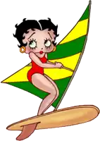 a cartoon of betty boop riding a surfboard with a green and yellow sail