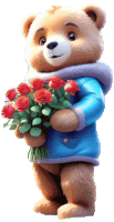 a teddy bear in a blue jacket holds a bouquet of red roses