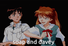 a boy and a girl are standing next to each other with the words soap and davey on the bottom