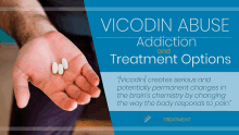 a person holding a handful of pills with the words vicodin abuse addiction and treatment options below