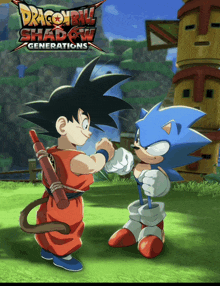 a dragon ball shadow generations poster with goku and sonic