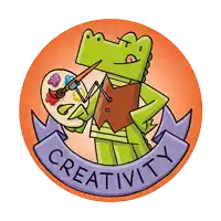 a cartoon of a crocodile holding a palette and a brush with the word creativity in the circle