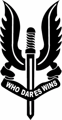 a black and white emblem with a sword and a ribbon that says who dares wins