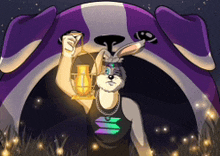 a cartoon rabbit is holding a lantern in front of a purple and white balloon