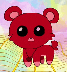 a cartoon of a red bear with a necklace around its neck .