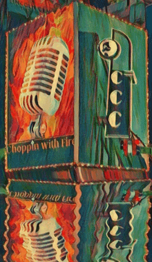 a painting of a microphone with the words " hoppin with fire "