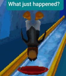 a penguin is upside down on a slide with the words " what just happened " above him