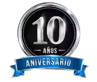 a black and silver anniversary emblem with a blue ribbon