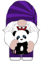 a pixel art of a gnome holding a panda bear with blue eyes