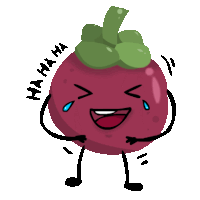 a cartoon drawing of a laughing mangosteen with the words " ha ha ha " written around it