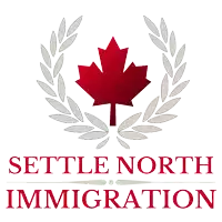 a logo for settle north immigration with a canadian maple leaf