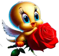 a tweety bird is holding a red rose