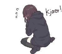 a girl in a black hoodie sits on the floor with the word kjaer written on the bottom