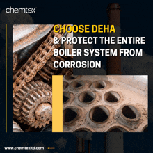 an advertisement for chemtex shows rusty gears and a boiler system