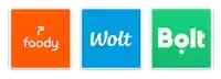 the logos for foody wolt and bolt are shown in different colors