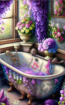 a painting of a bathtub with purple and pink flowers on it