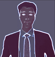 a drawing of a man in a suit and tie against a purple background