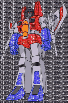 a cartoon drawing of a robot with red and blue wings holding a gun