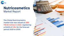 the cover of the nutricosmetics market report shows a calculator and graphs