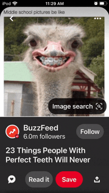 a picture of an ostrich with braces is on a phone screen